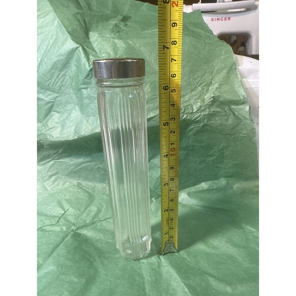 Vintage Ribbed Glass Cylinder Vanity Toothbrush Holder Jar  Vintage Ribbed Glass Cylindrical Vanity Jar with Metal Lid Toothbrush Hair Pins